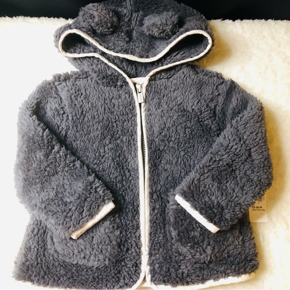 Old Navy Gray Sherpa Adorable Teddy Bear Jacket w/Hood 12-18M